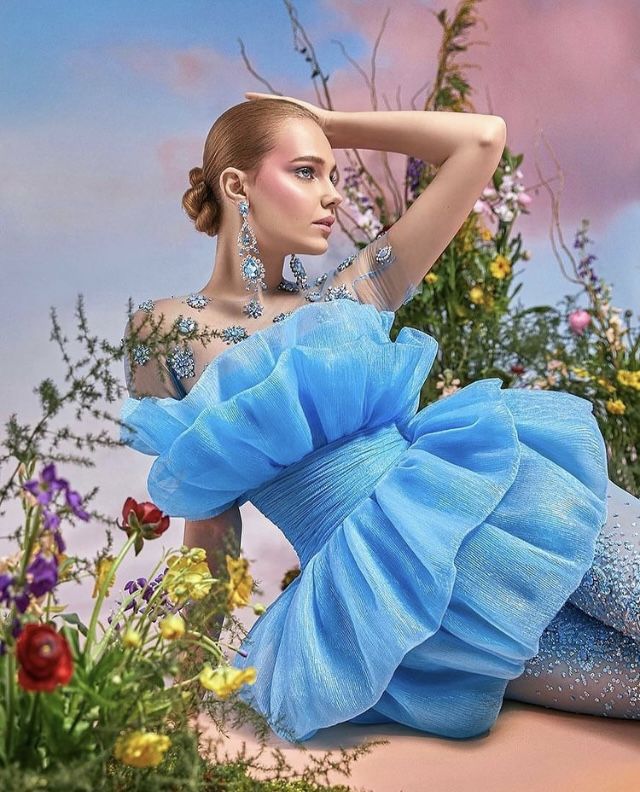 Blue high-grade waist cute puffy skirt homecoming dress R3720