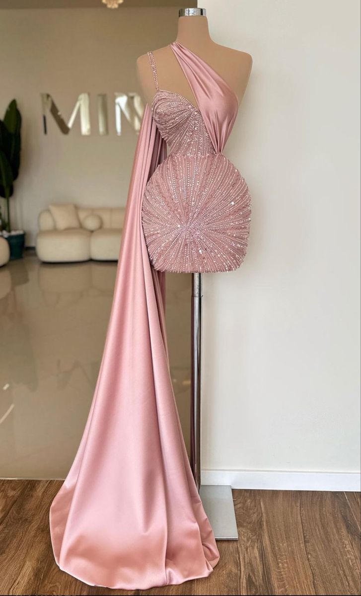 Champagne pink asymmetrical neckline slim waist sequined hip skirt homecoming dress R3401