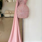 Champagne pink asymmetrical neckline slim waist sequined hip skirt homecoming dress R3401
