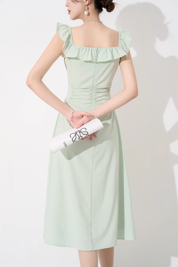 Niche design dress new summer high-end mid-length French temperament sleeveless square neck skirt R4259