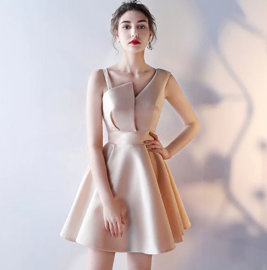 Cute Light Ivory A-Line One-Shoulder Mini Dress Birthday Dress Evening Dress RS028