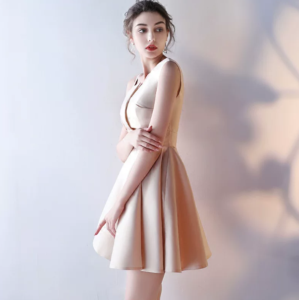 Cute Light Ivory A-Line One-Shoulder Mini Dress Birthday Dress Evening Dress RS028