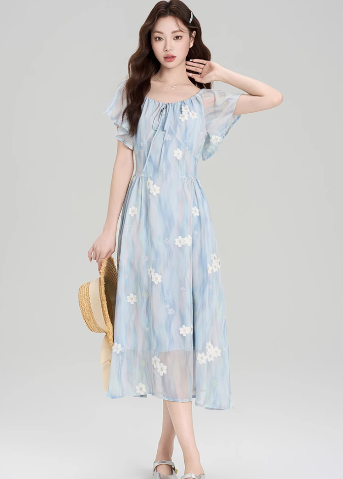French blue beautiful floral dress new style holiday style waist temperament long skirt R2398