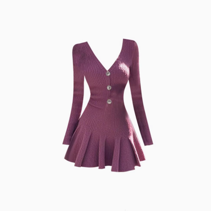 Royal sister style V-neck long-sleeved knitted dress 2025 slim waist A-line bottoming skirt R1312