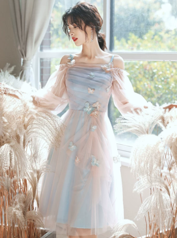 Elegant Pale Blue A-Line Spaghetti Straps Midi Dress with Tulle and Embroidery Birthday Dress Evening Dress RS030