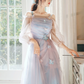 Elegant Pale Blue A-Line Spaghetti Straps Midi Dress with Tulle and Embroidery Birthday Dress Evening Dress RS030