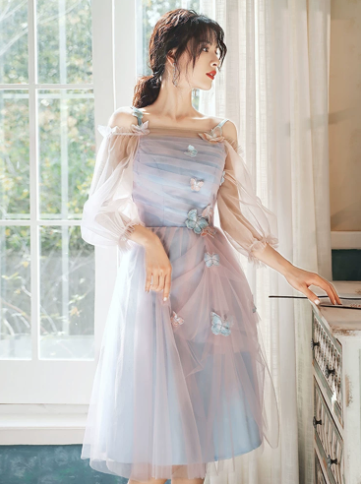 Elegant Pale Blue A-Line Spaghetti Straps Midi Dress with Tulle and Embroidery Birthday Dress Evening Dress RS030