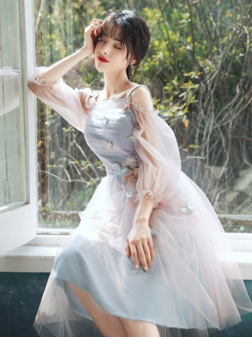 Elegant Pale Blue A-Line Spaghetti Straps Midi Dress with Tulle and Embroidery Birthday Dress Evening Dress RS030