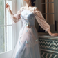 Elegant Pale Blue A-Line Spaghetti Straps Midi Dress with Tulle and Embroidery Birthday Dress Evening Dress RS030