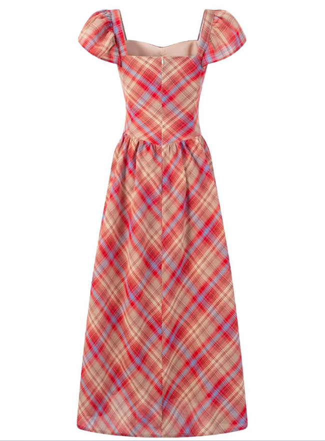 2025 Summer New Red Plaid French Retro Square Neck Temperament Short Sleeve Dress R0973
