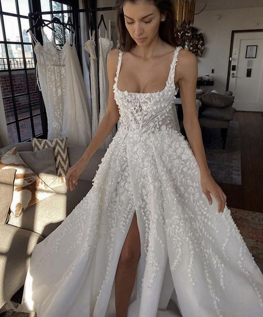 A Line Straps Long Wedding Dress with Lace Appliques, Gorgeous Bridal Gown with Slit       S6738