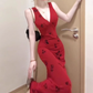 Retro V-neck red suspender dress sexy waist temperament hip fishtail long skirt R0712