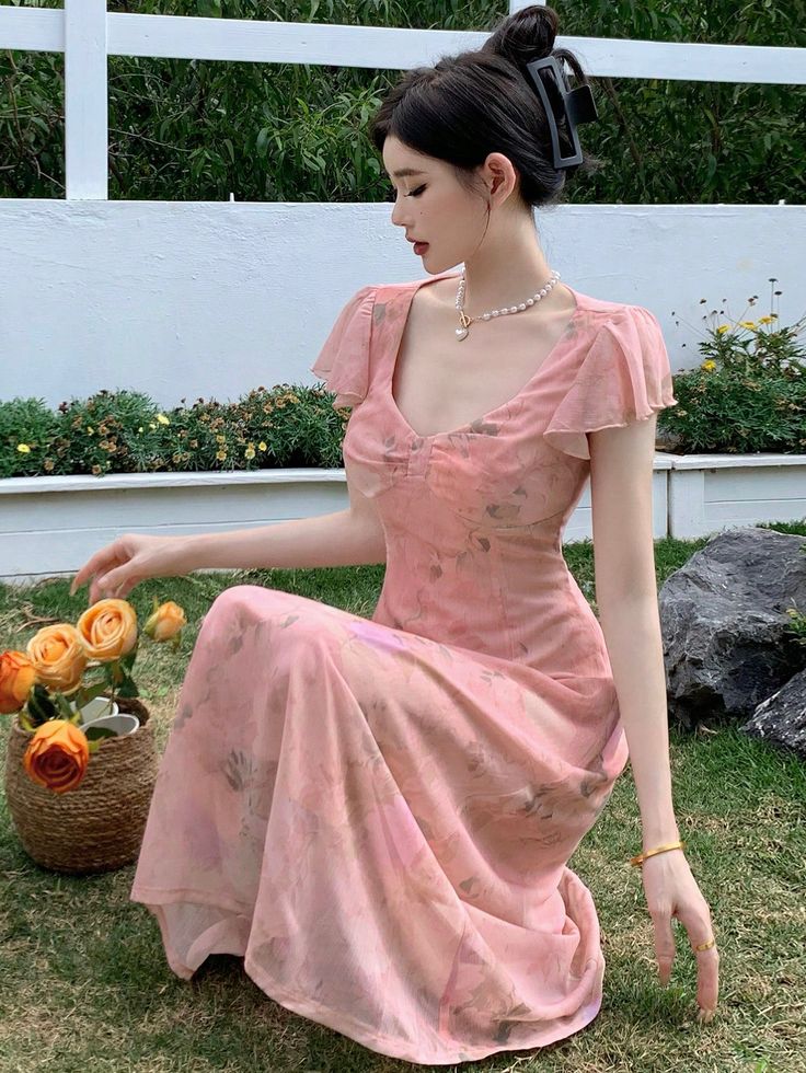 Pink Chiffon Elegant Comfortable Waist Slim Long Skirt Homecoming Dress R3255