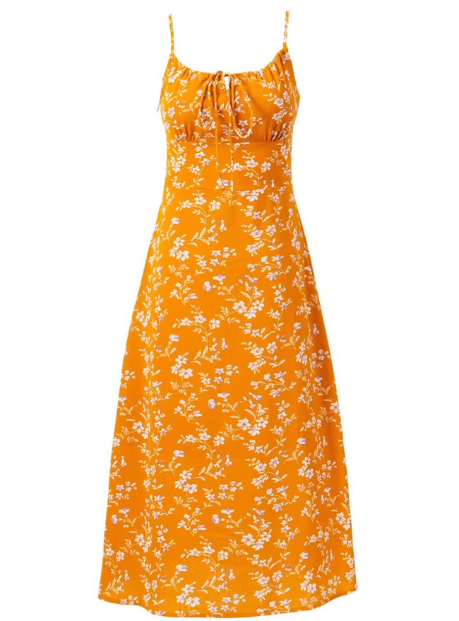 2025 Summer New Yellow Floral Sexy V-neck Mid-length Holiday Suspender Dress R0964