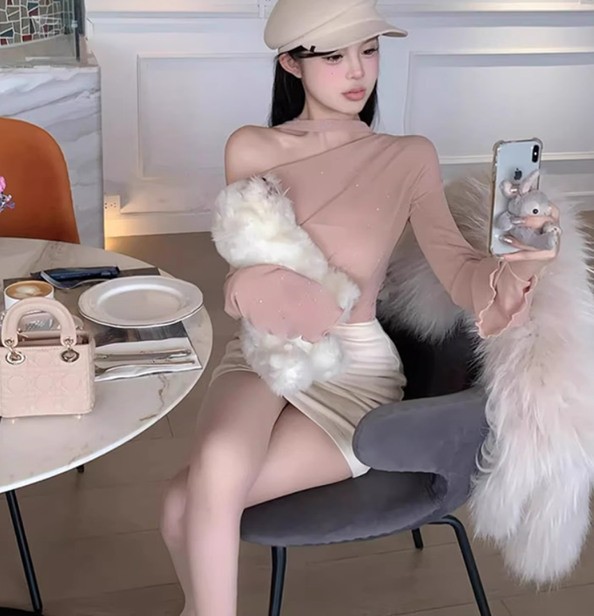 Pure desire style off-shoulder long-sleeved top 2025 plus size hot girl hip skirt suit R1170