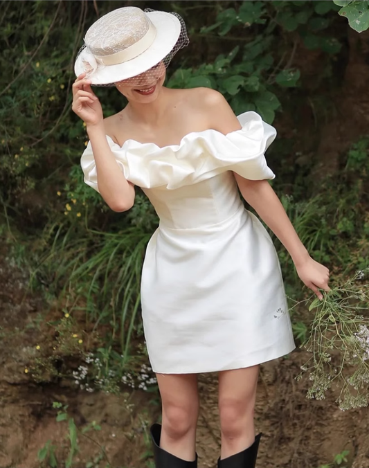 French white one-shoulder simple banquet birthday party short evening dress homecoming dress R2973