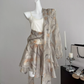 Long-sleeved V-neck puff sleeve chiffon yellow floral dress two-piece waisted short skirt R2022