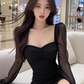French mesh splicing square neck dress for women pure desire style slim hip short skirt R3386