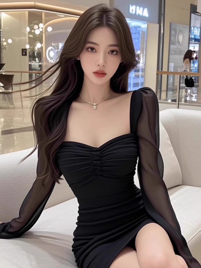 French mesh splicing square neck dress for women pure desire style slim hip short skirt R3386