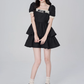 Retro jacquard French dress for women with square collar and lace trim, summer puff sleeves, black slim short skirt R4117