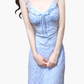 2025 Summer New Blue Mermaid Princess French Flying Sleeve Plaid Long Dress R0957