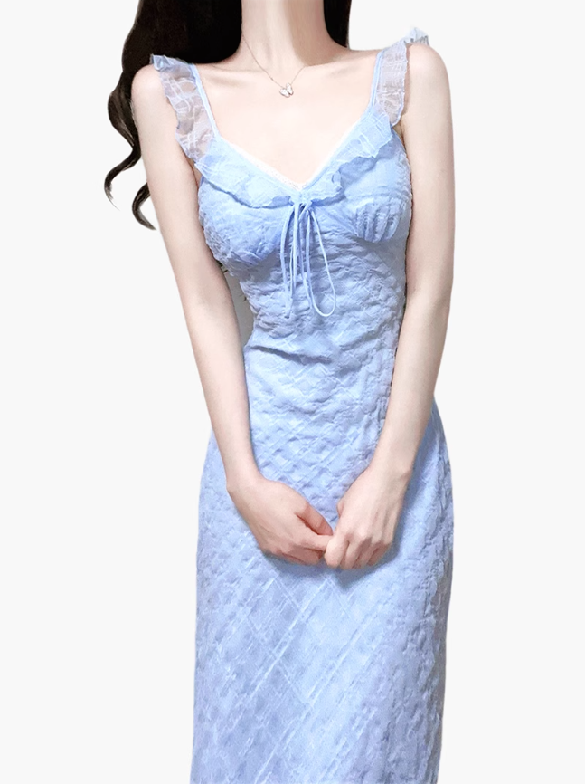 2025 Summer New Blue Mermaid Princess French Flying Sleeve Plaid Long Dress R0957