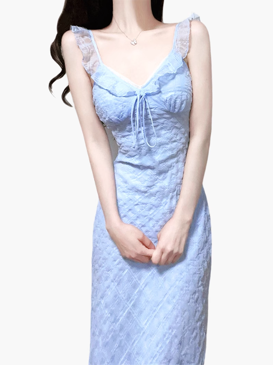 2025 Summer New Blue Mermaid Princess French Flying Sleeve Plaid Long Dress R0957