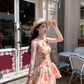 Women's summer French retro printed waist suspender dress R4824