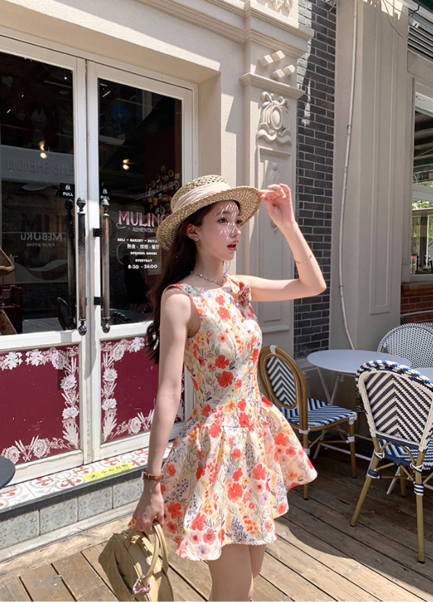 Women's summer French retro printed waist suspender dress R4824