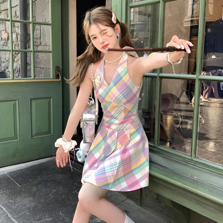 Colorful halter neck slim waist A-line short skirt R3246