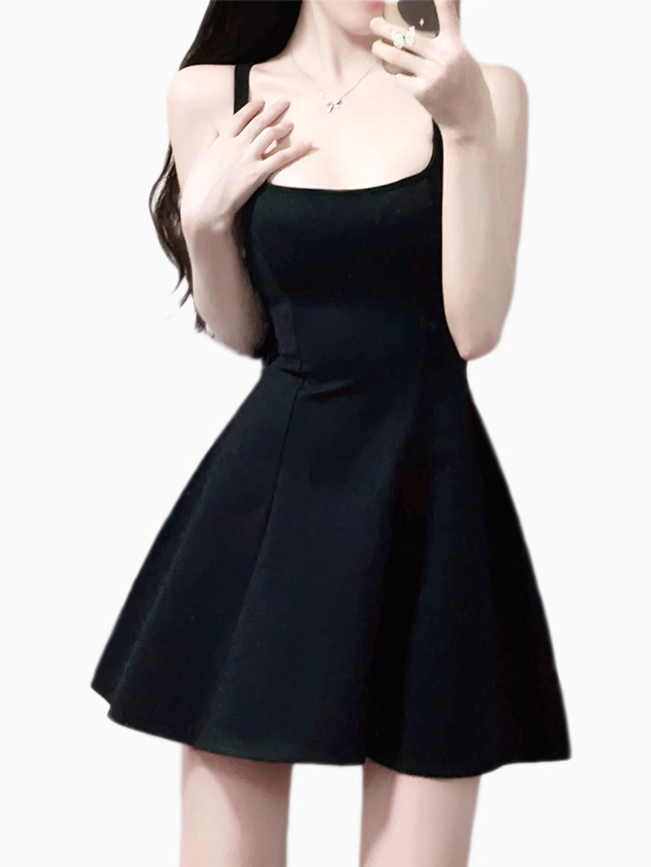 2025 summer new black high-end Hepburn style waist temperament suspender dress R0904