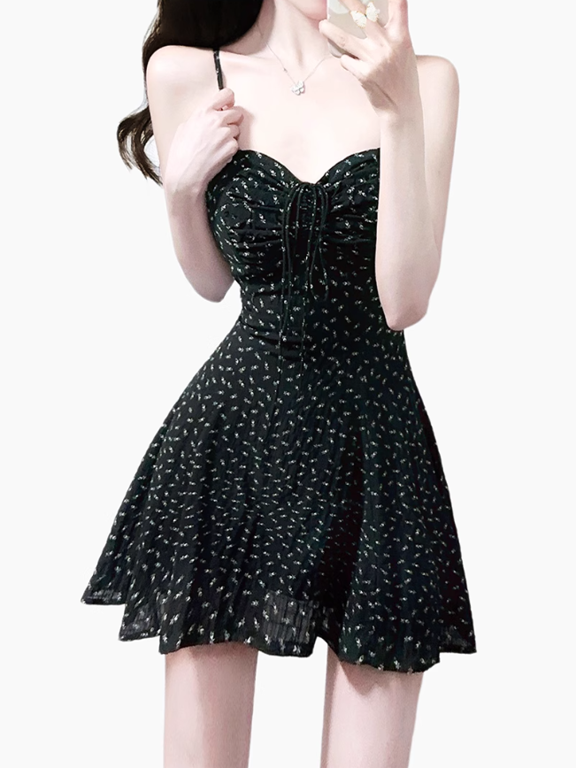 2025 Summer New Black Retro Floral A-line Waist Short Suspender Dress R0977