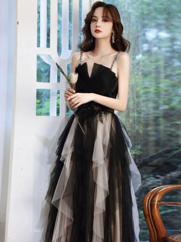 Elegant Black A-Line Spaghetti Straps Long Dress with White Tulle Evening Dress Party Dress RS036