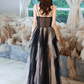 Elegant Black A-Line Spaghetti Straps Long Dress with White Tulle Evening Dress Party Dress RS036
