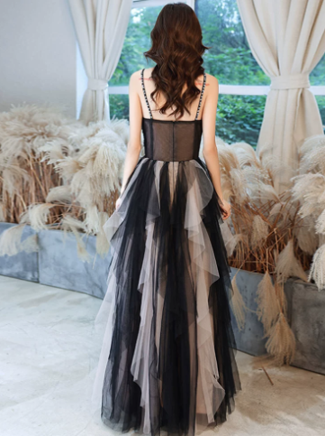 Elegant Black A-Line Spaghetti Straps Long Dress with White Tulle Evening Dress Party Dress RS036