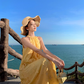 Beach dress yellow jacquard halter neck dress lazy style temperament long dress R0759