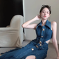 Retro sister style high-end long slim lapel denim skirt hot girl sexy waist sleeveless vest dress R0414