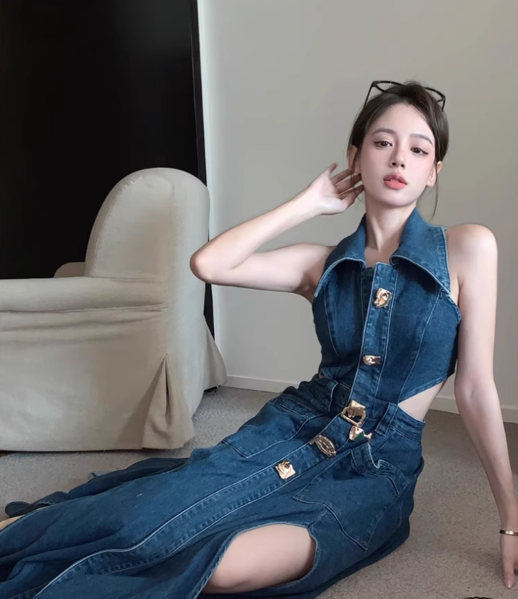Retro sister style high-end long slim lapel denim skirt hot girl sexy waist sleeveless vest dress R0414