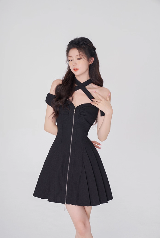 Black halter neck dress for women summer slim short skirt new design A-line skirt R4501