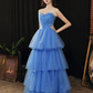Elegant Royal Blue A-Line Strapless Dress with Cascade Tulle Evening Dress Quinceanera Dress RS035