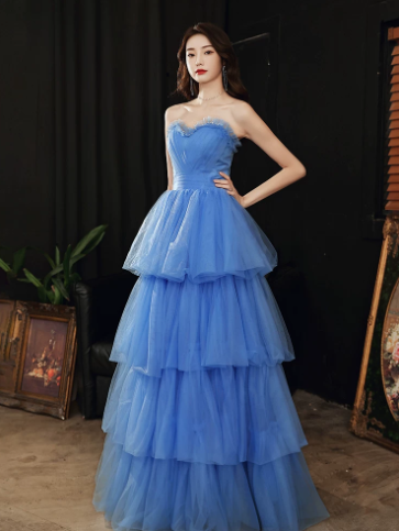 Elegant Royal Blue A-Line Strapless Dress with Cascade Tulle Evening Dress Quinceanera Dress RS035