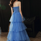Elegant Royal Blue A-Line Strapless Dress with Cascade Tulle Evening Dress Quinceanera Dress RS035
