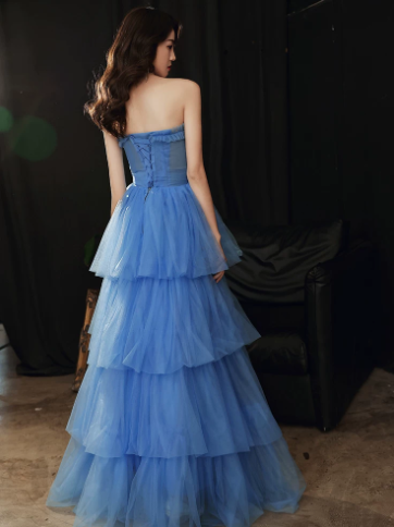 Elegant Royal Blue A-Line Strapless Dress with Cascade Tulle Evening Dress Quinceanera Dress RS035