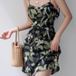French retro bird print suspender skirt slim fit waist suspender dress holiday short skirt R2807