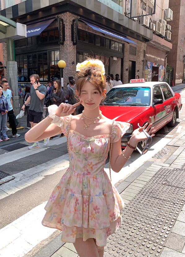 Square neck small flying sleeve waist suspender dress women's summer French skirt R4827