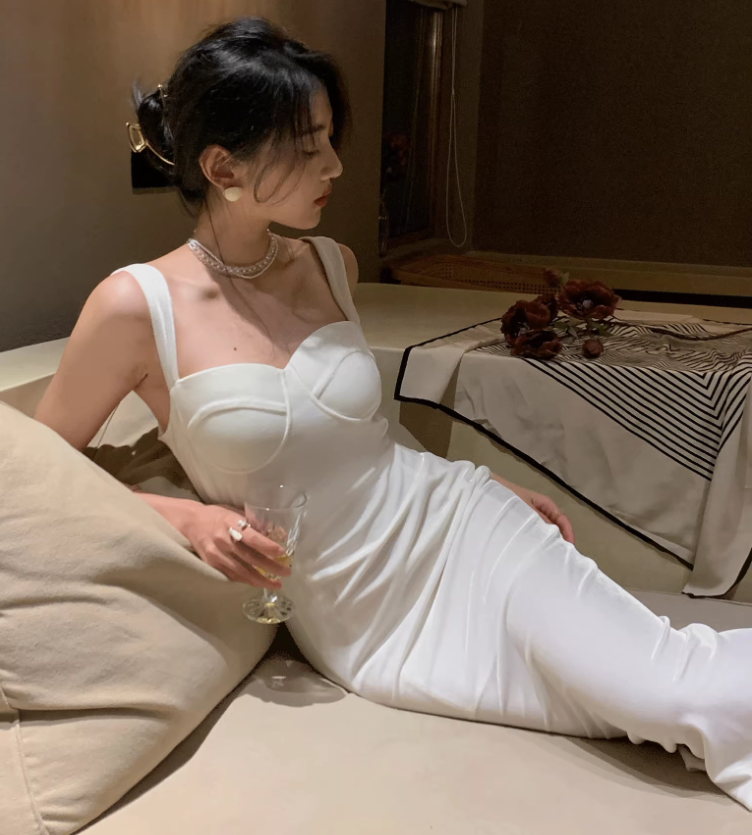 Velvet sling wine red dress retro Hong Kong style French design banquet dress R1436