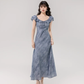 French gentle style retro blue lotus leaf collar dress beautiful waist A-line long skirt R0879