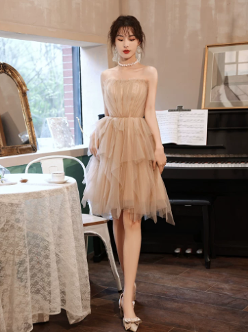 Cute Light Ivory A-Line Strapless Mini Dress with Tulle and Bow-knot Waist Quinceanera Dress Birthday Dress RS029