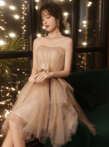 Cute Light Ivory A-Line Strapless Mini Dress with Tulle and Bow-knot Waist Quinceanera Dress Birthday Dress RS029