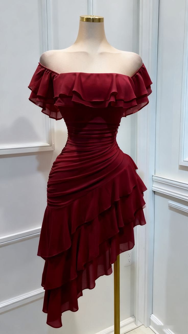 Elegant Burgundy A-Line Strapless Ruffled Tulle Bodycon Mini Dress with Asymmetrical Hem Homecoming Dress RS207
